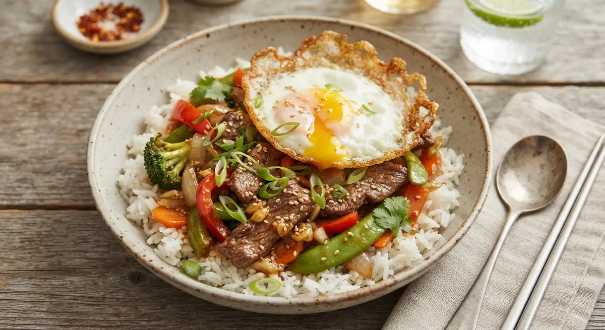 Beef Stir Fry Fried Egg White Rice Bowl